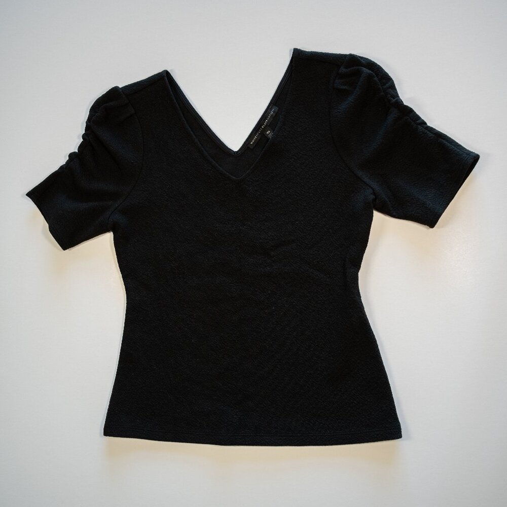 White House Black Market Ruched Sleeve Romantic Tee in Black